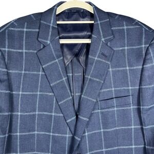 Jos A Bank Sport Coat Mens 42S Navy Blue Windowpane Linen Blend Summer Blazer